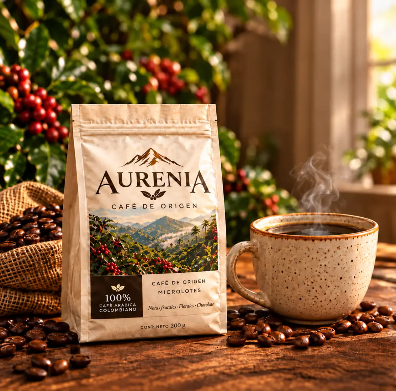 Bolsa Aurenia de café de origen colombiano junto a una taza recién servida