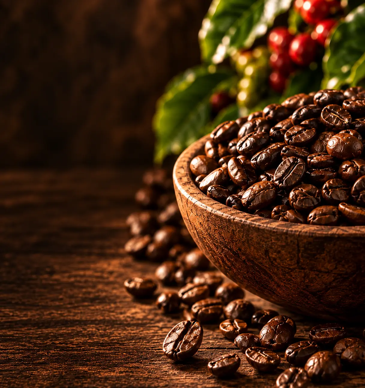 Granos de café tostados en un cuenco de madera, con cerezas de café al fondo