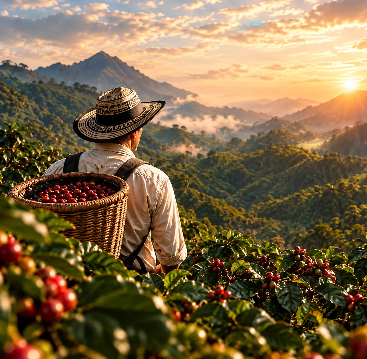 Caficultor colombiano entre cafetos y montañas durante la cosecha